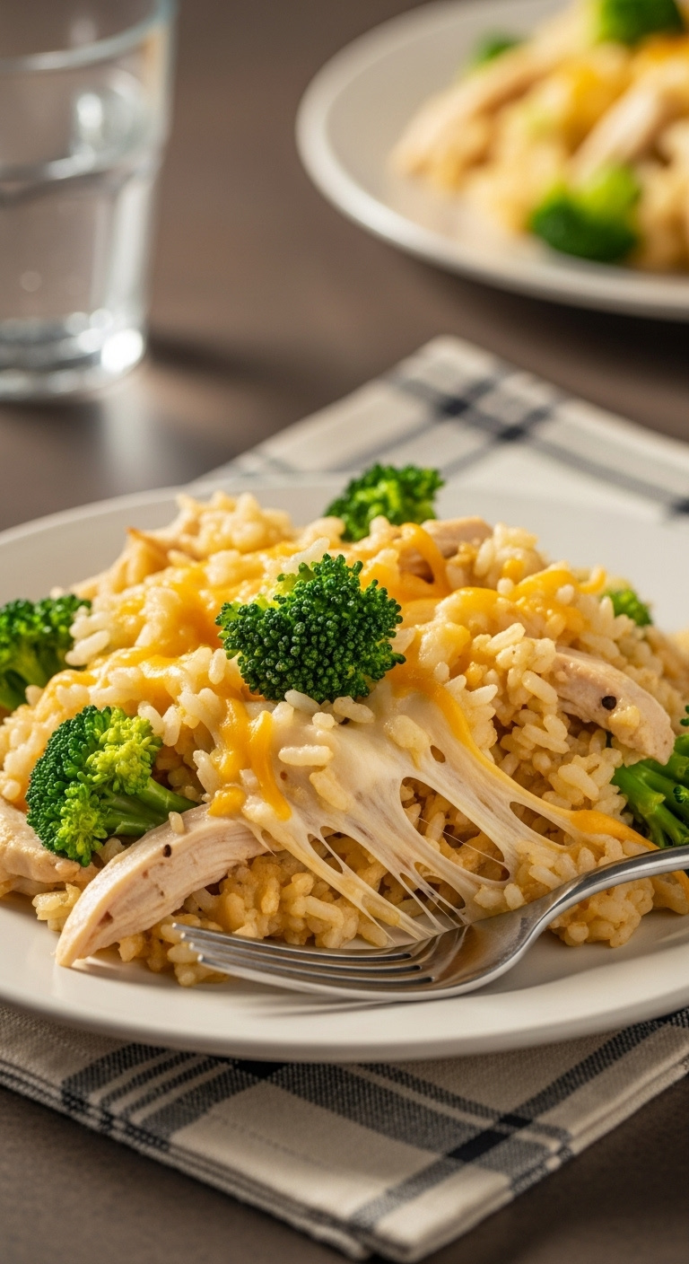 Creamy Slow Cooker Chicken And Rice Casserole With Shredded Chicken, Broccoli, And A Cheese Pull, Served On A Plate.