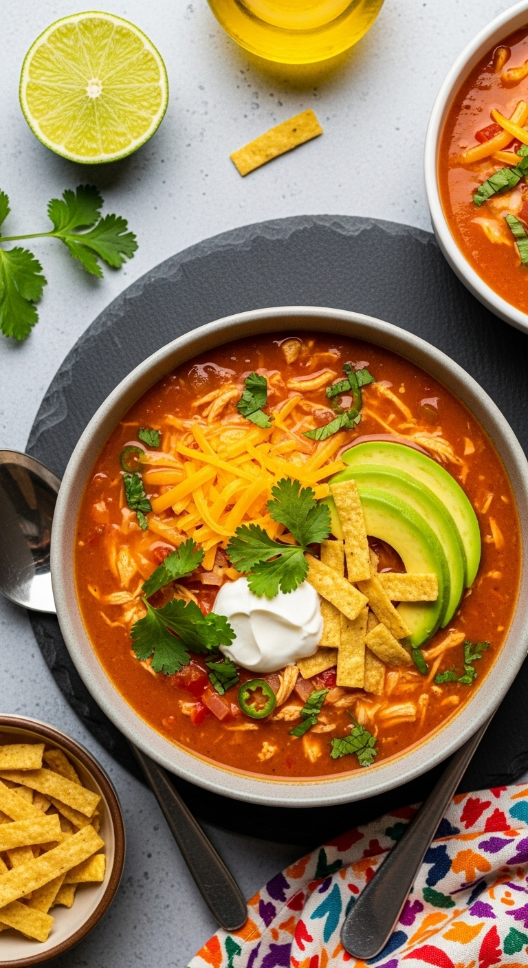Creamy Slow Cooker Chicken Tortilla Soup With Cheese Sour Cream Cilantro Avocado And Tortilla Strips In A Colorful Bowl