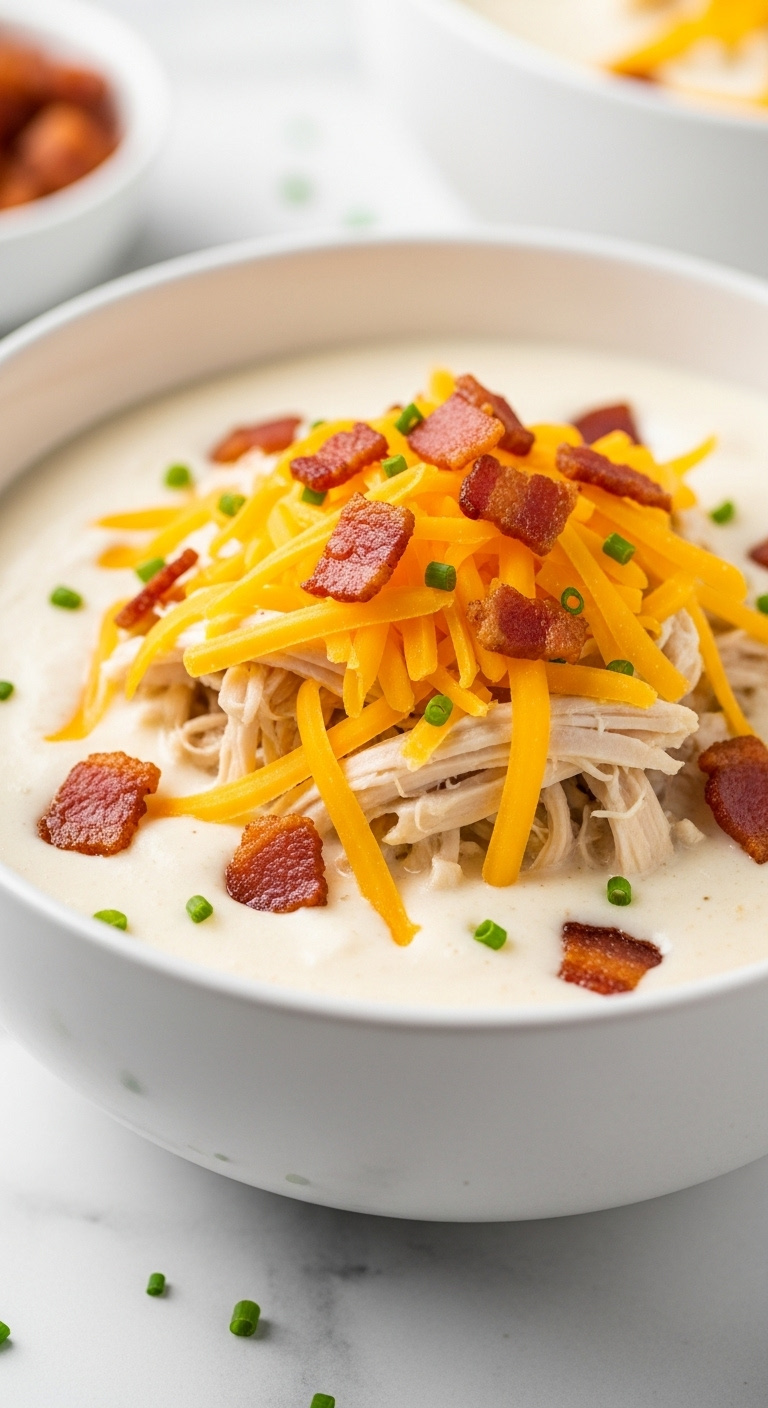 Creamy Slow Cooker Crack Chicken Soup With Shredded Chicken Cheddar Cheese Bacon And Chives In A Modern Bowl