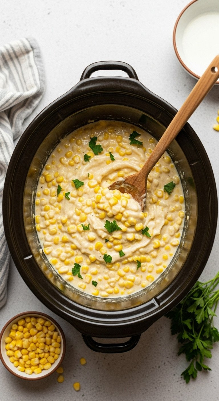 Creamy Slow Cooker Creamed Corn With Visible Kernels And Fresh Parsley, Stirred With A Wooden Spoon In A Dark Pot.