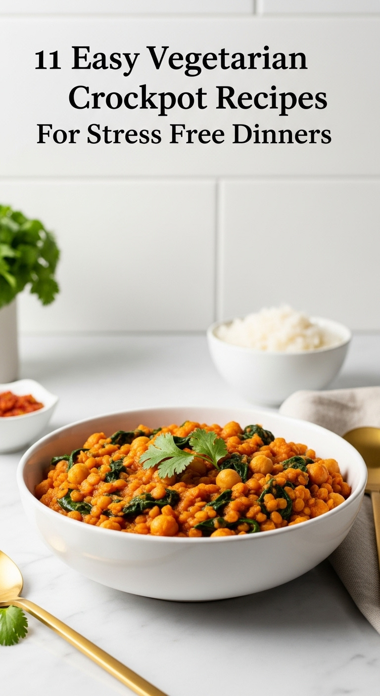 Creamy Slow Cooker Lentil Curry With Chickpeas Spinach Cilantro In White Bowl With Rice Golden Spoon And Napkin