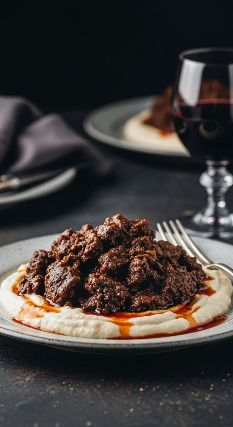 Creamy Smoky Eggplant Puree Topped With Rich Lamb Stew Served On An Elegant Vintage Ceramic Plate.