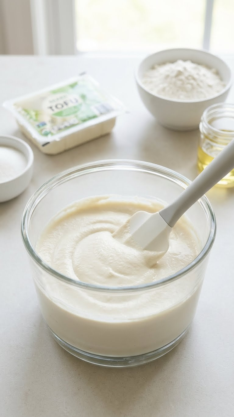 Creamy, Smooth Blended Silken Tofu Puree In A Food Processor Bowl On A Light Counter. Vegan Egg Substitute For Moist Baking.
