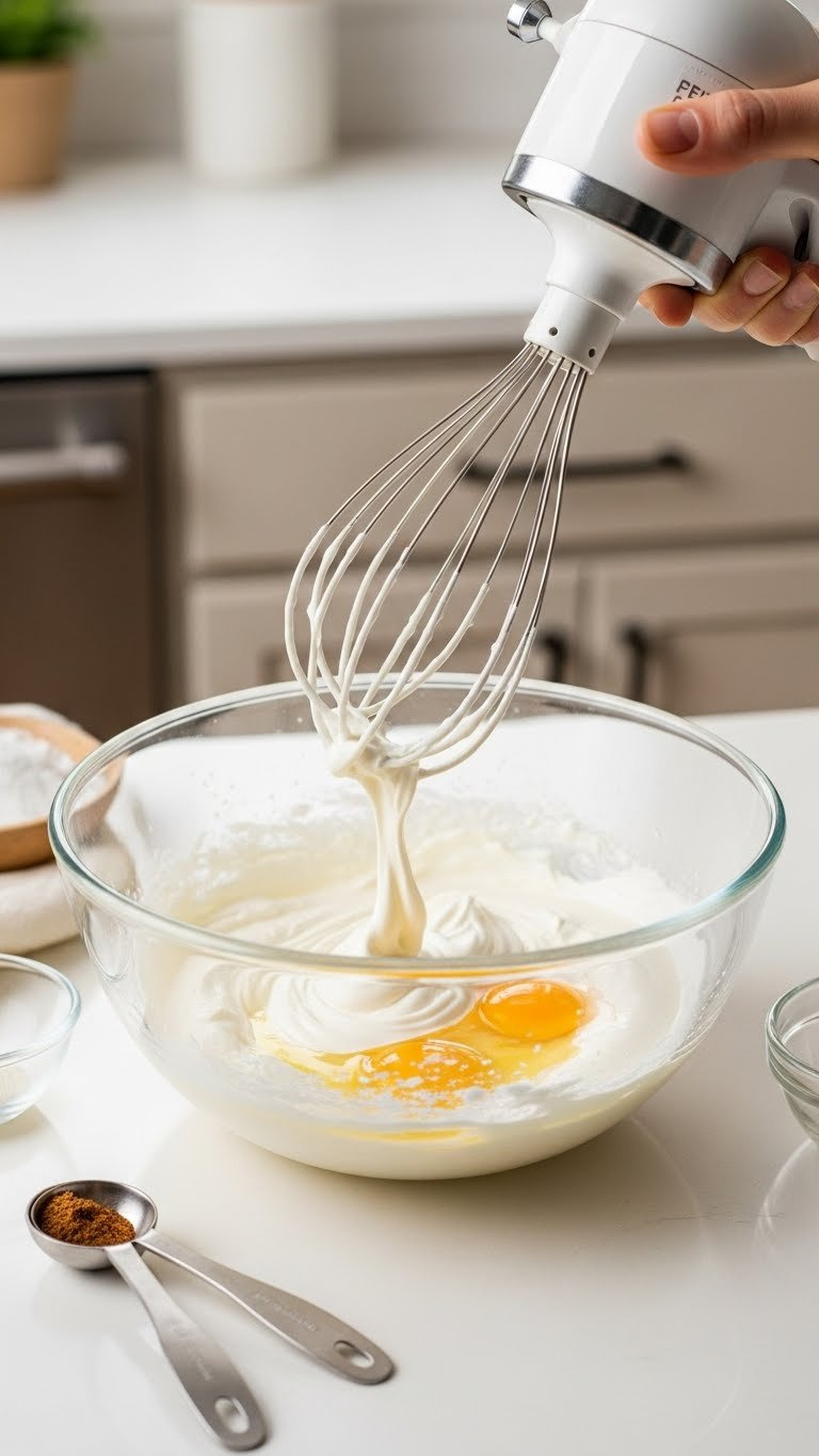 Creamy Sour Cream Zucchini Bread Batter Being Whisked In Clear Glass Mixing Bowl With Eggs And Vanilla Extract