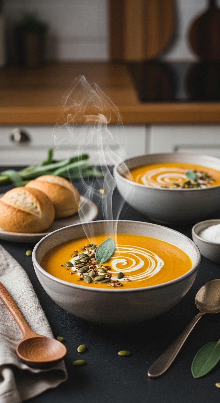Creamy Spiced Pumpkin Soup In Rustic Bowl, With Cream Swirl, Toasted Seeds, Sage, Steam, On Dark Slate.