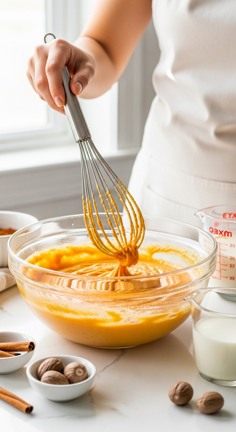Creamy Spiced Sweet Potato Pie Filling Being Whisked In A Glass Bowl, With Cinnamon Sticks, Nutmeg, Milk Nearby.