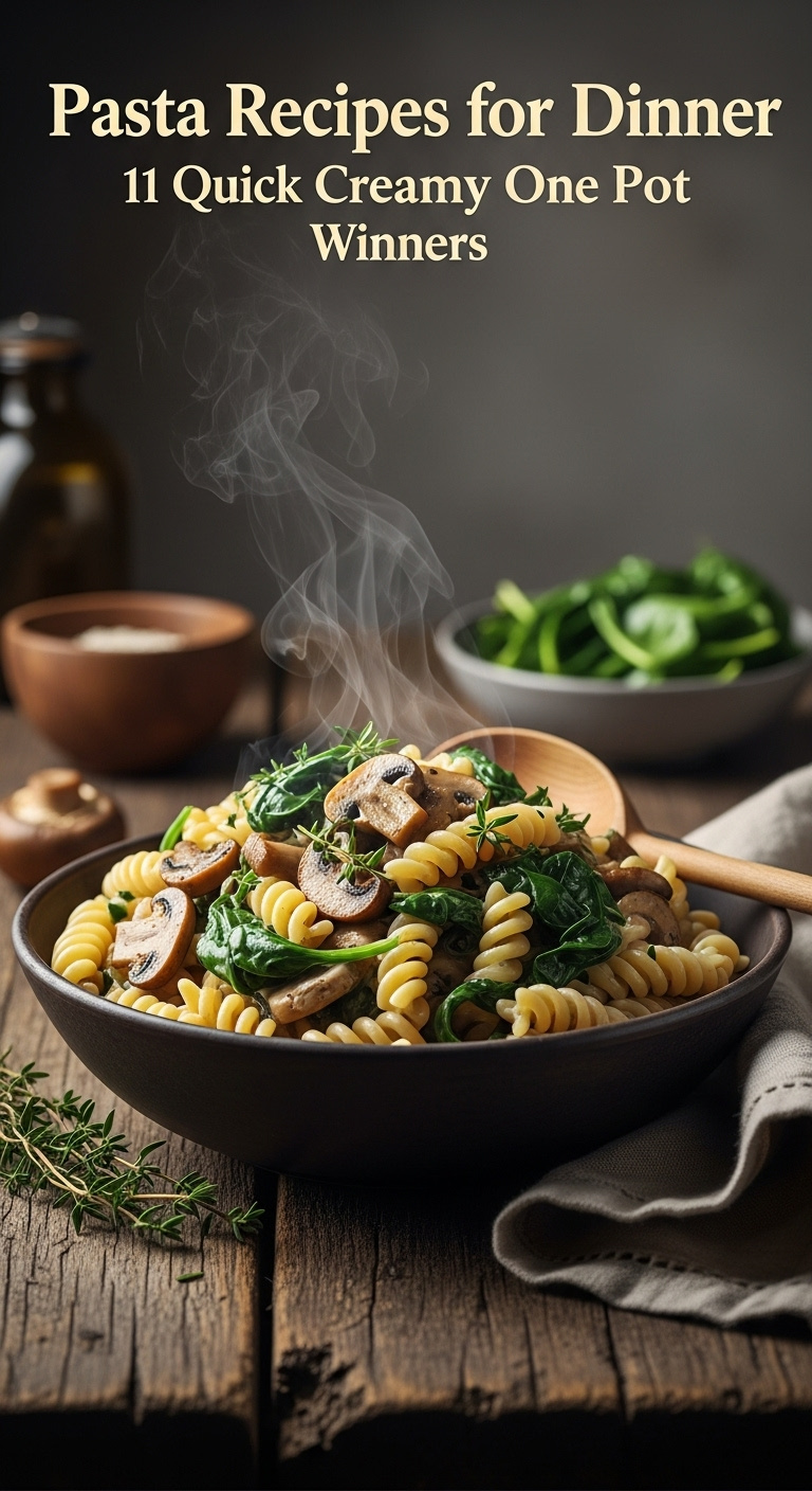 Creamy Spinach And Mushroom Fusilli Pasta In An Earthenware Bowl On Reclaimed Wood With A Wooden Spoon And Thyme