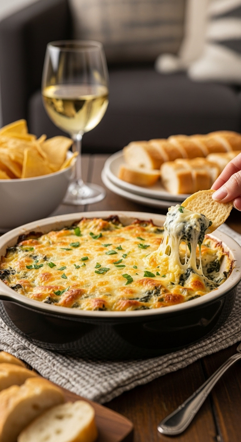Creamy Spinach Artichoke Dip With Golden Brown Cheesy Crust In A Round Ceramic Baking Dish With Chips