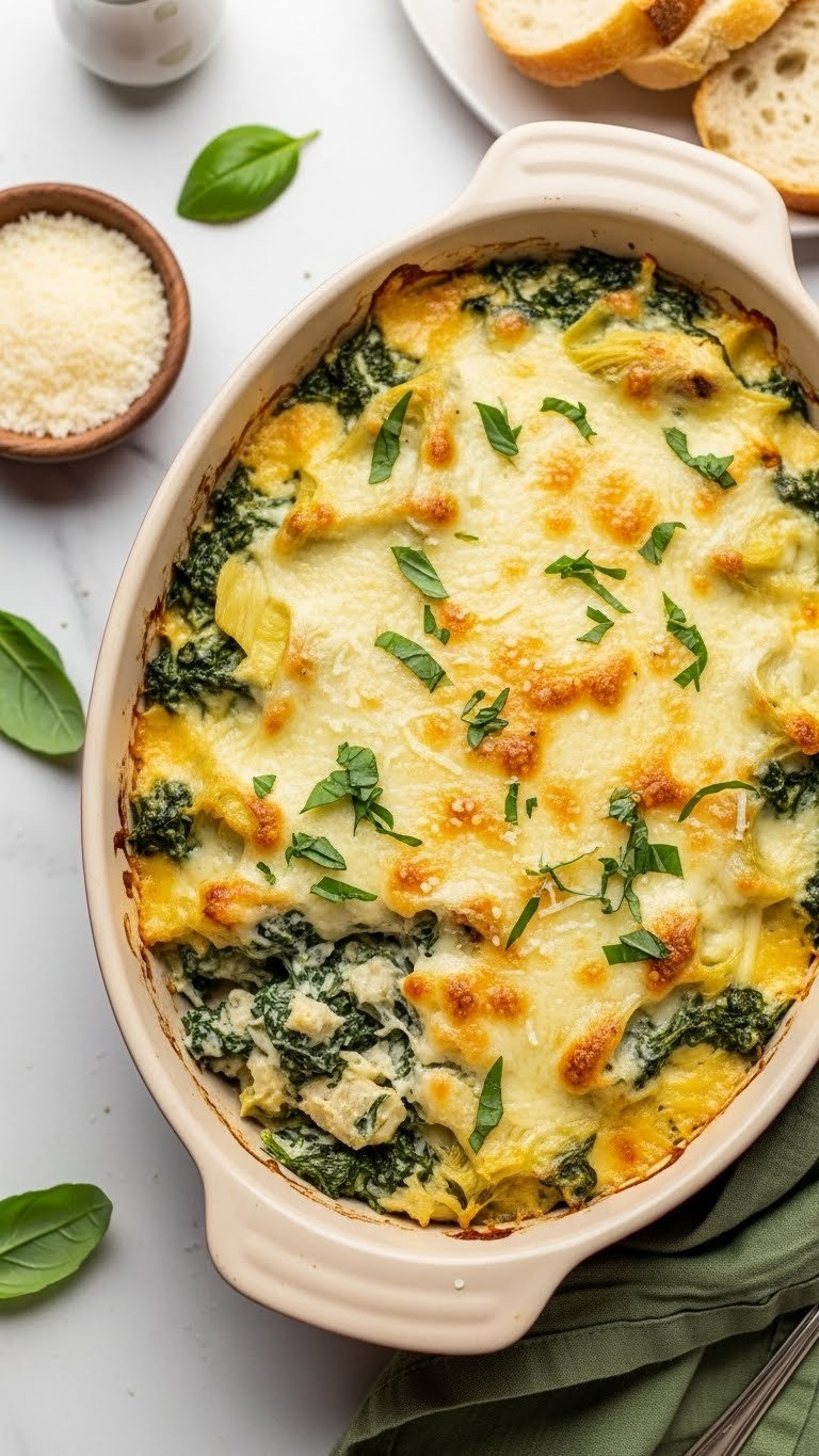 Creamy Spinach Artichoke Gluten-Free Casserole With Golden-Brown Melted Cheese Bubbling In Ceramic Dish