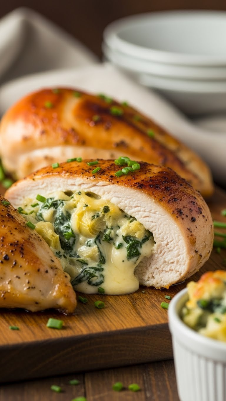 Creamy Spinach Artichoke Stuffed Chicken Breast With Golden Crust And Melted Cheese Filling Oozing Out