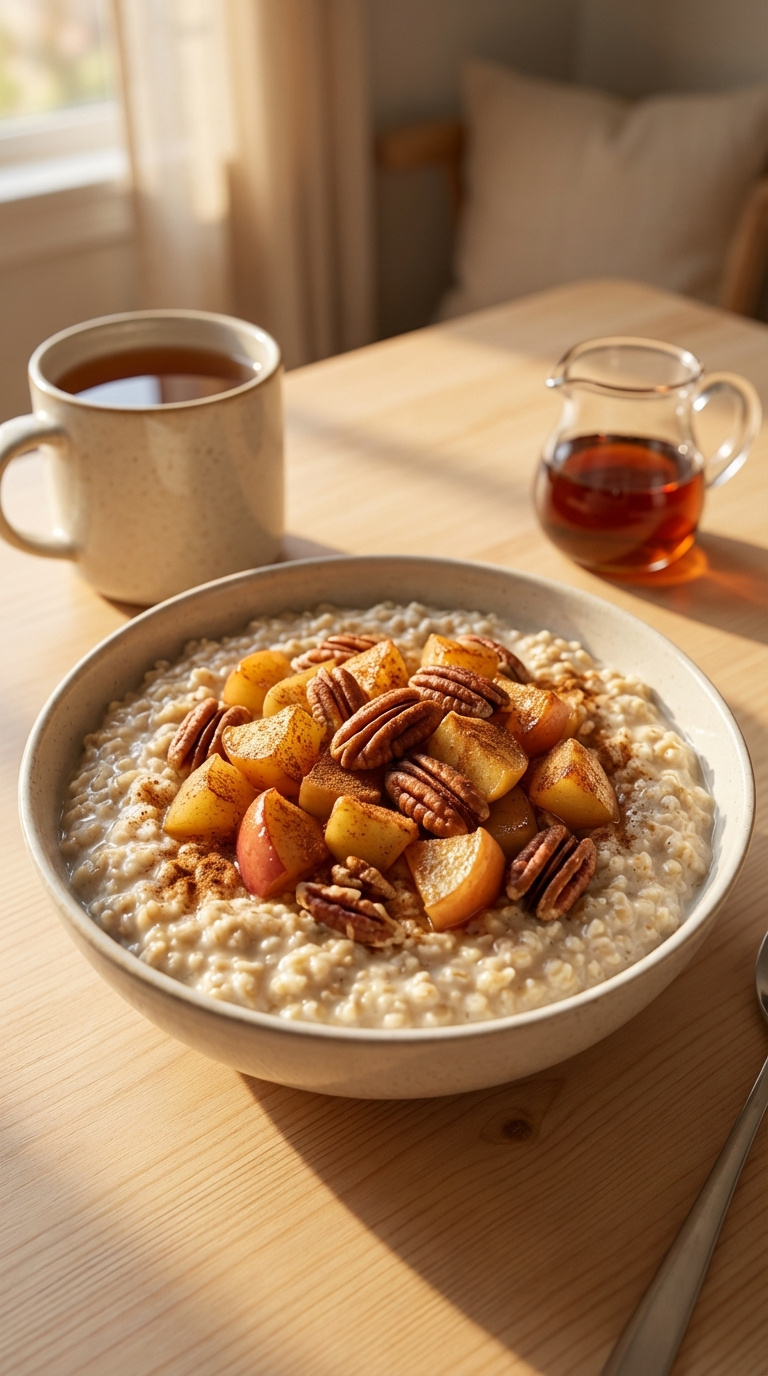 Creamy Steel-Cut Oatmeal With Cooked Apple Chunks, Cinnamon, And Pecans Breakfast Bowl