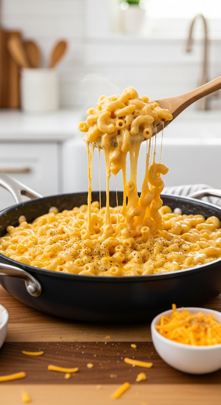 Creamy Stovetop Mac And Cheese In A Large Skillet With A Wooden Spoon Pulling Up A Gooey Cheese Pull