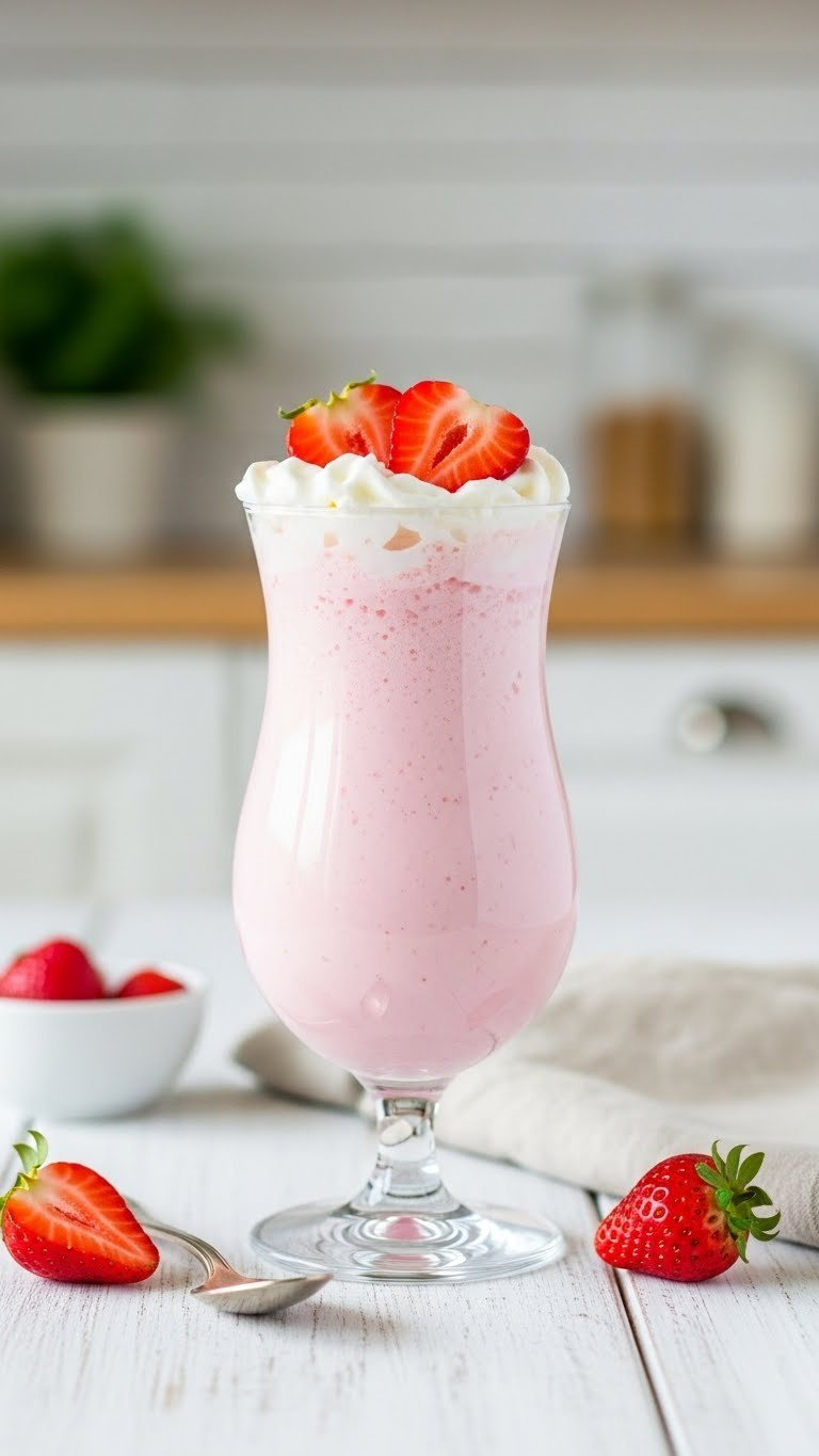 Creamy Strawberry Coconut Bliss Drink In Hurricane Glass Topped With Whipped Coconut Cream And Fresh Strawberry Slices