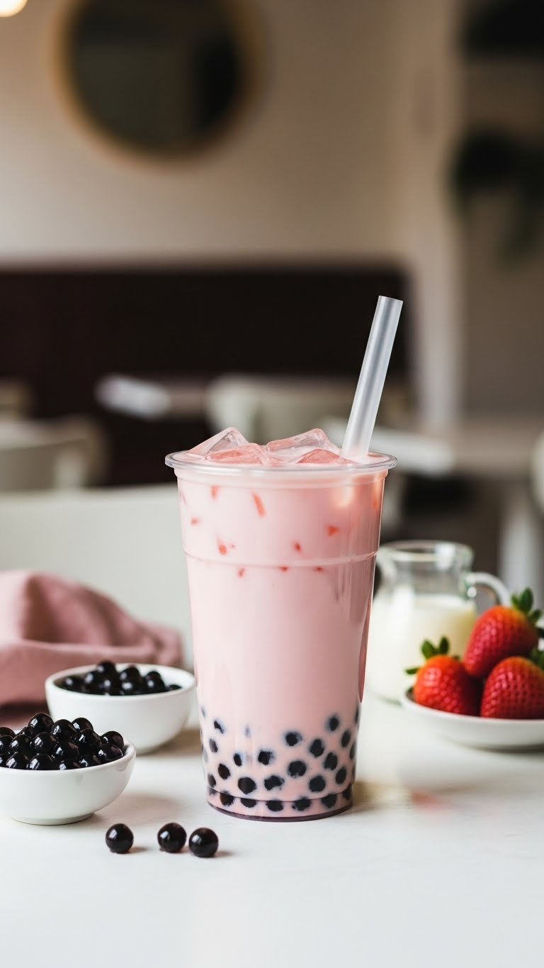 Creamy Strawberry Milk Tea Boba Drink With Dark Pearls And Wide Straw In Transparent Cup On Minimalist Cafe Table.