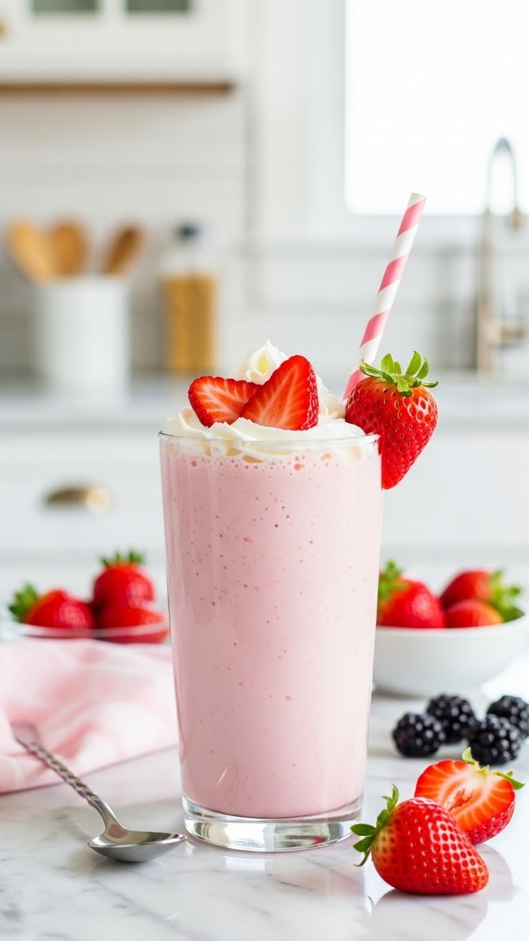 Creamy Strawberry Milkshake In Tall Glass With Fresh Strawberries And Whipped Cream On Marble Countertop