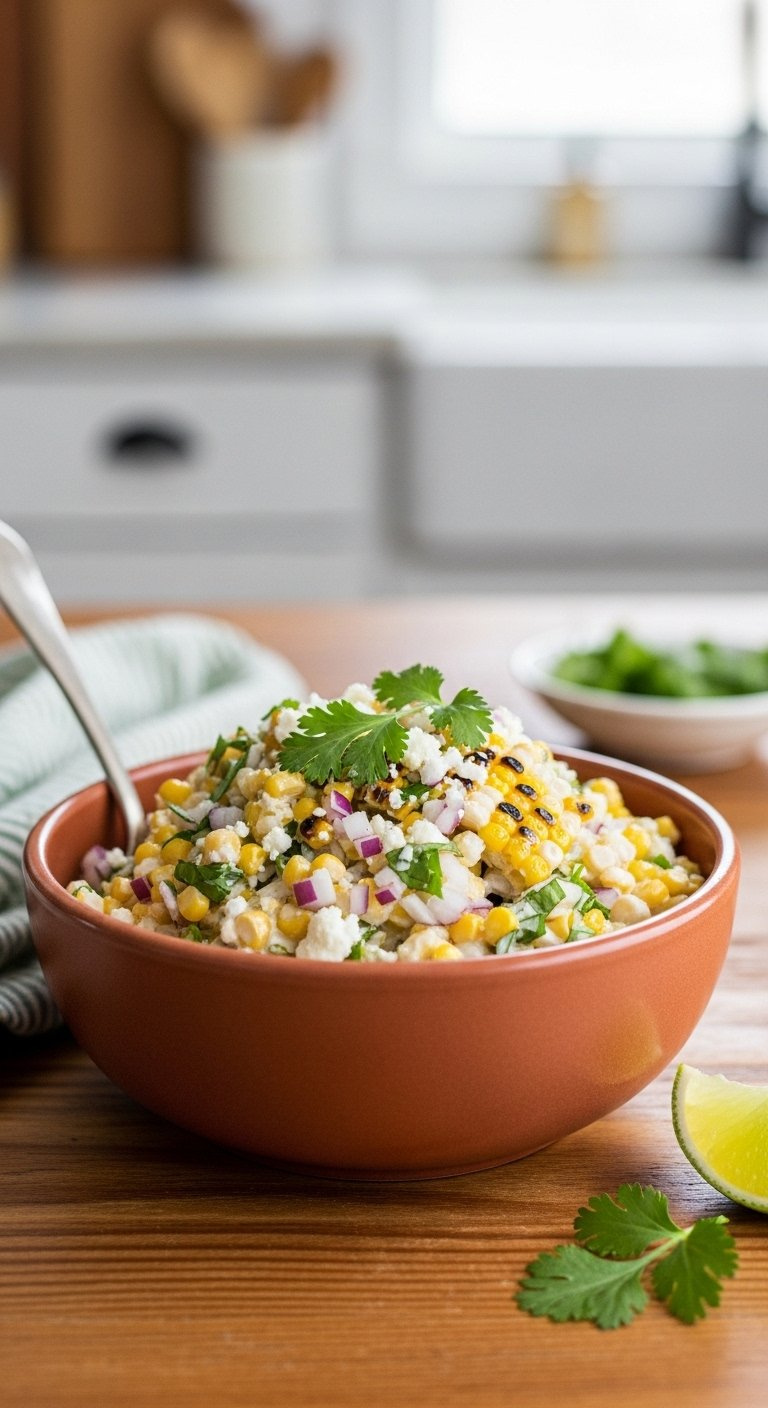 Creamy Street Corn Salad With Charred Kernels And Cotija Cheese In A Rustic Ceramic Bowl.