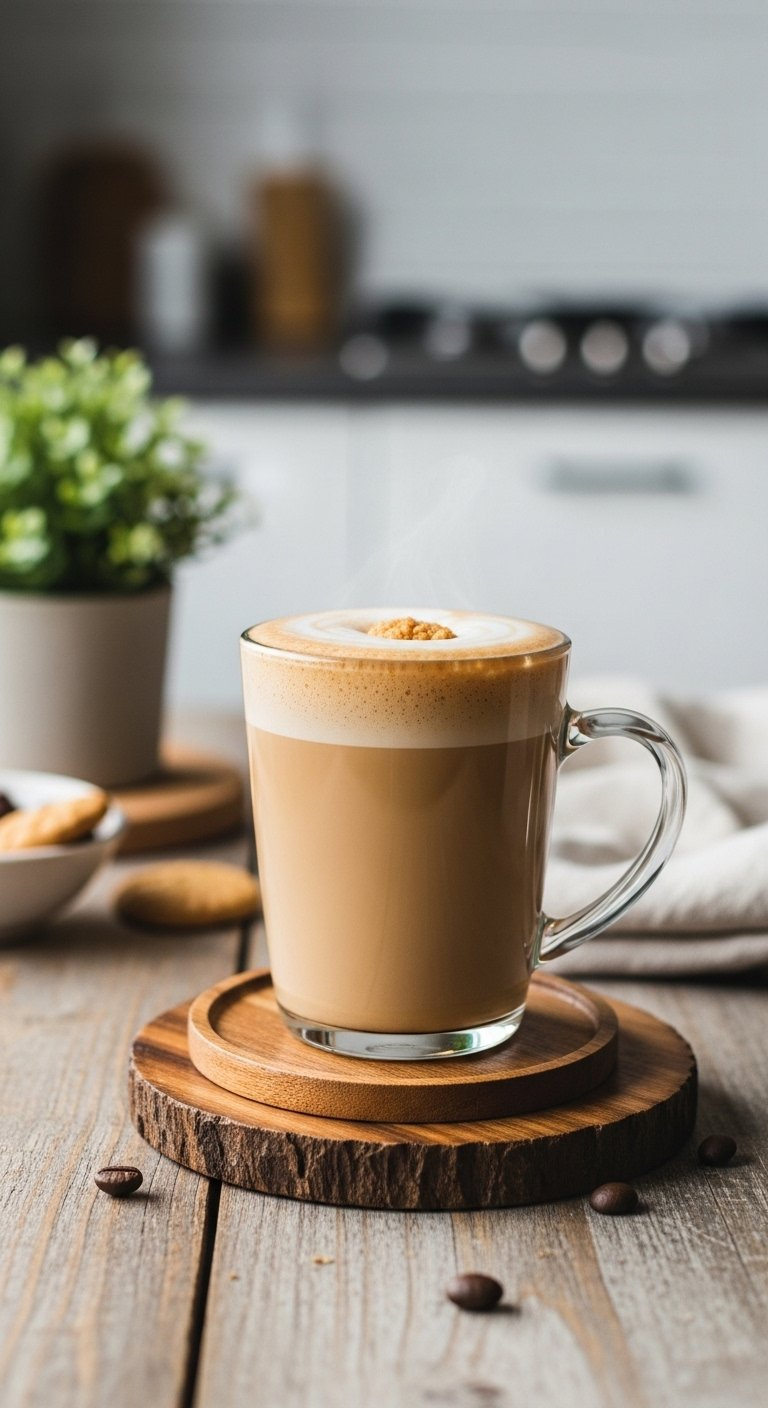 Creamy Sugar Cookie Oatmilk Latte With Oat Milk Foam In A Rustic Ceramic Mug On A Wooden Coaster.