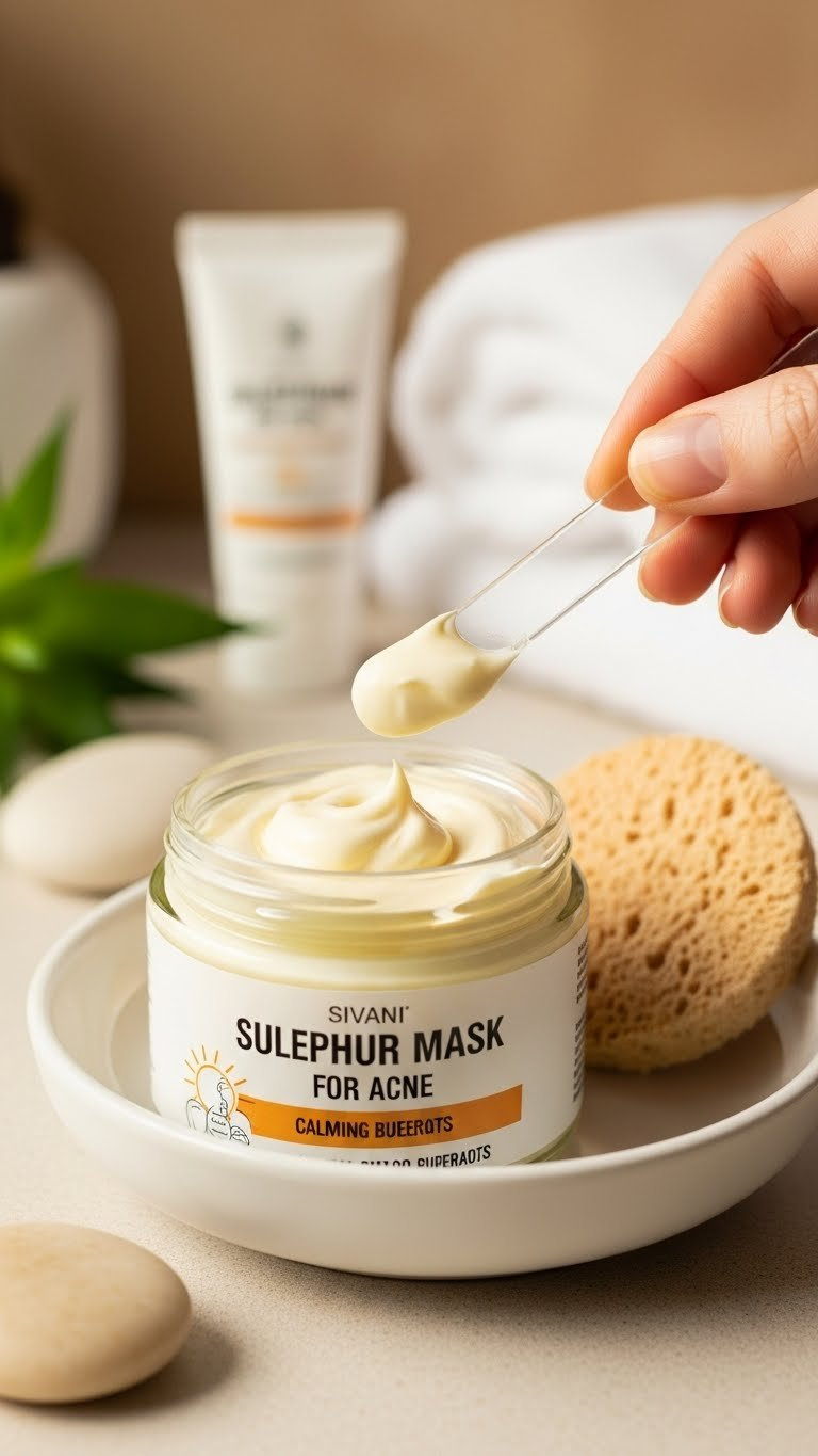 Creamy Sulphur Mask Applied With Spatula To Inflamed Skin For Targeted Acne Breakout Treatment