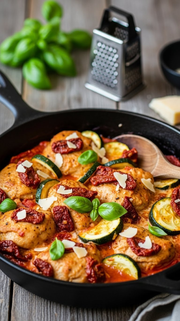 Creamy Sundried Tomato Chicken Zucchini Skillet Bake With Rich Sauce Bubbling In Black Cast Iron Skillet With Basil Garnish
