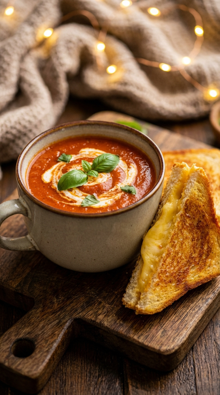Creamy Tomato Soup In Cozy Mug Paired With Golden Grilled Cheese Sandwich For Dipping On Rustic Wooden Board