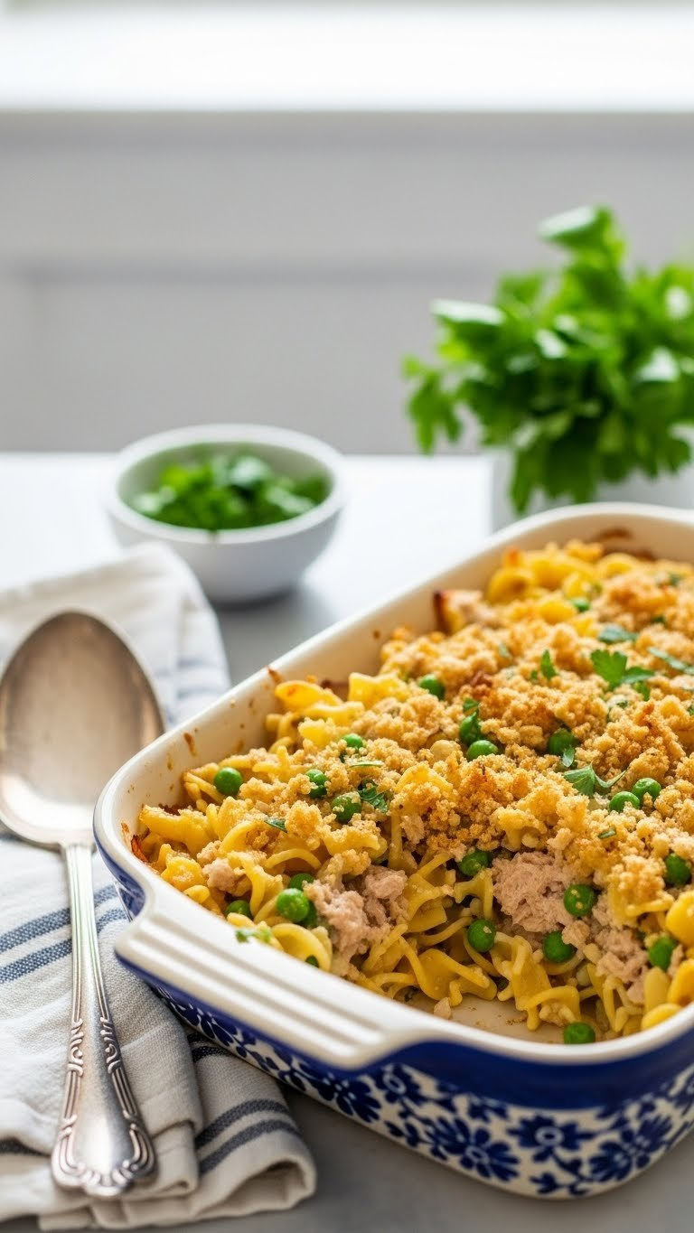 Creamy Tuna Noodle Casserole With Tender Egg Noodles, Flaky Tuna, Peas, And Crunchy Breadcrumb Topping.