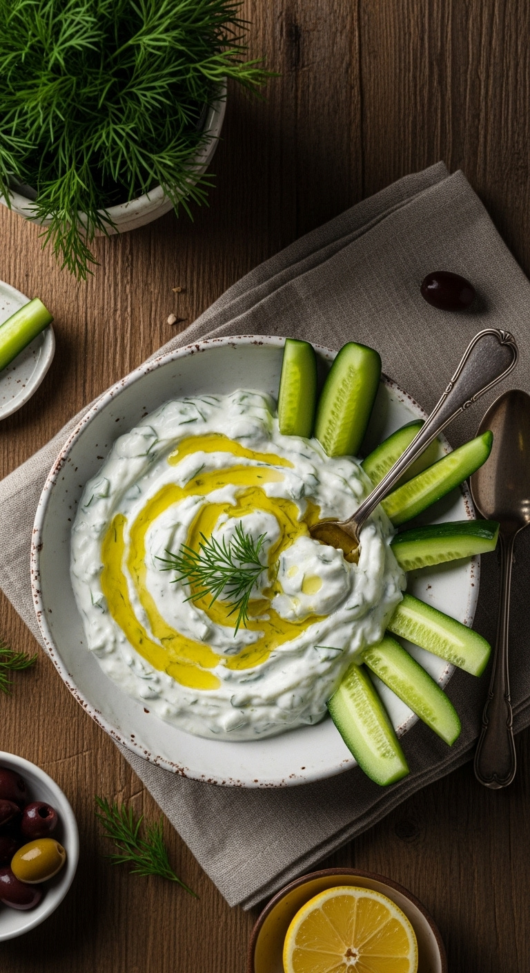 Creamy Tzatziki Dip With Cucumber Spears On A Rustic Wood Table With Olives And Lemon Under Warm Lighting