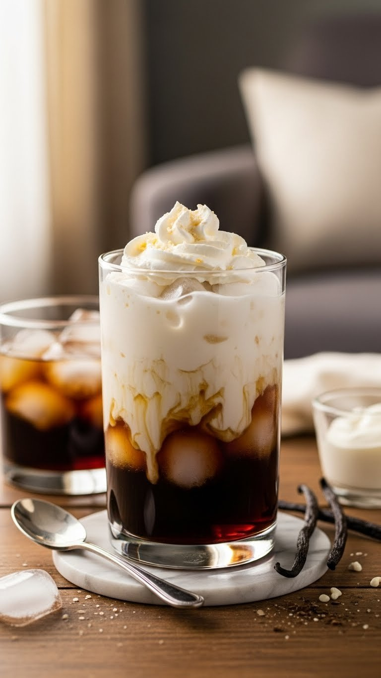 Creamy Vanilla Dr Pepper Drink With Thick Cream Layer, Dark Soda Base, And Vanilla Syrup Accents