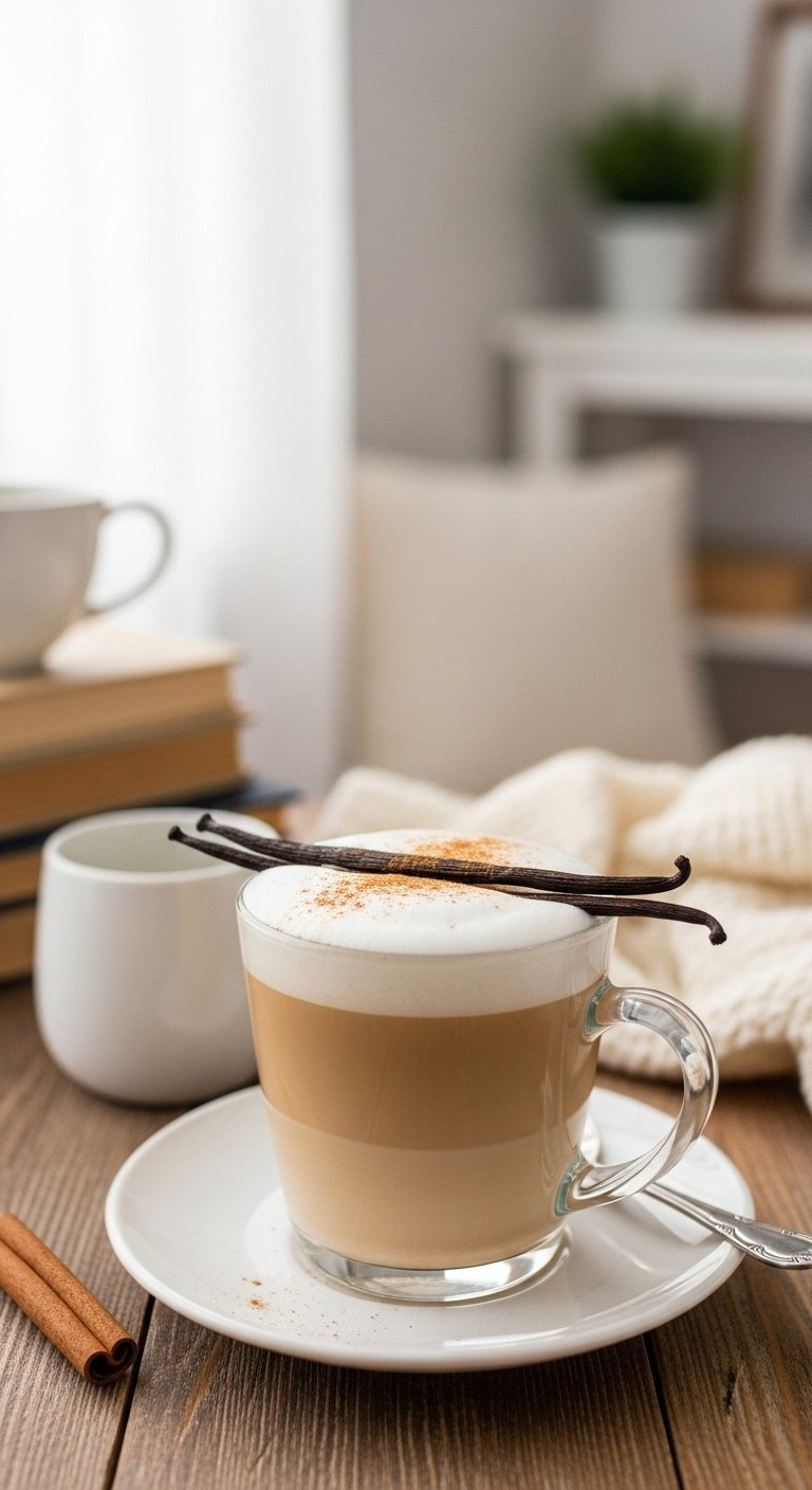 Creamy Vanilla Bean Latte With Microfoam And Cinnamon On A Rustic Wooden Table.