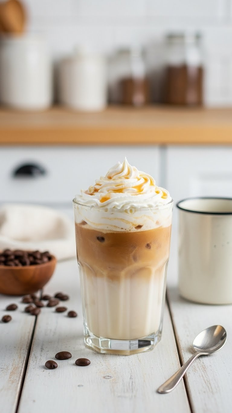 Creamy Vanilla Iced Coffee With Whipped Cream And Caramel Drizzle In Clear Glass On Light Wood