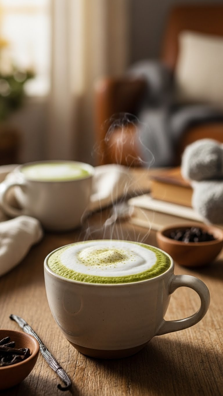 Creamy Vanilla Oat Milk Matcha Latte In Ceramic Mug With Frothy Foam And Vanilla Bean Specks On Rustic Table