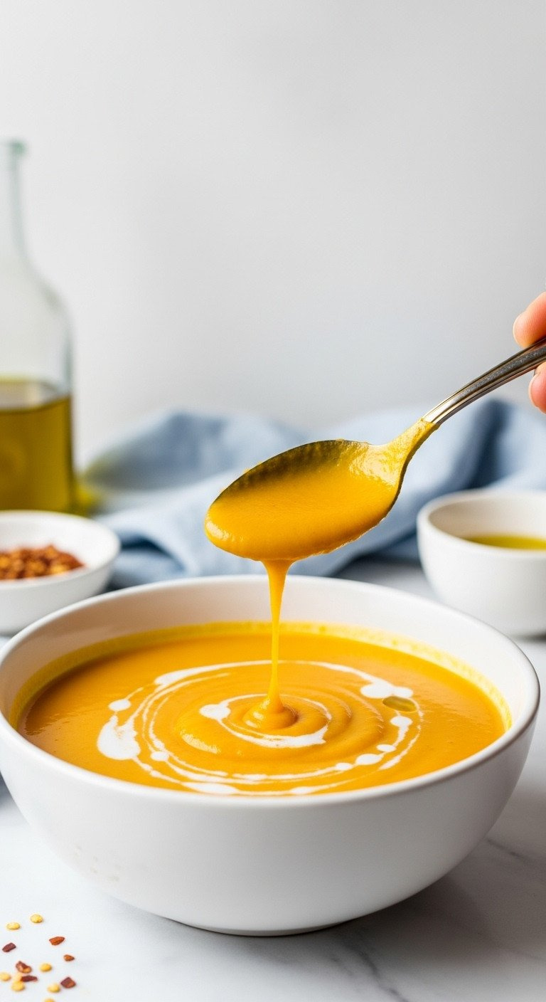 Creamy Vegan Butternut Squash Soup Swirled. Rich Orange, Thick With Coconut Milk, Olive Oil, Red Pepper Flakes. Healthy Fall Comfort Food.
