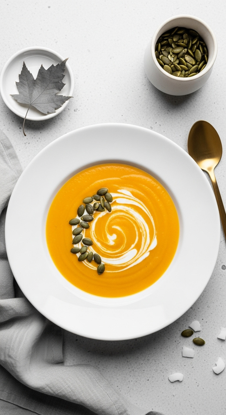 Creamy Vegan Butternut Squash Soup With Coconut Cream And Pumpkin Seeds In A White Bowl With An Autumn Leaf