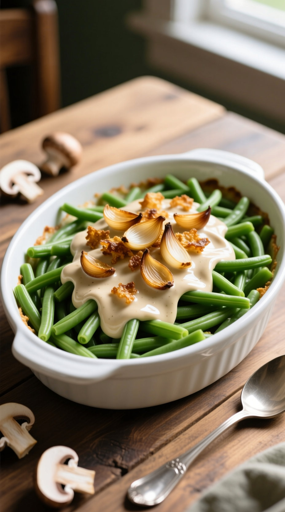 Creamy Vegan Green Bean Casserole With Fresh Green Beans, Cashew Mushroom Sauce, And Crispy Golden Shallots.