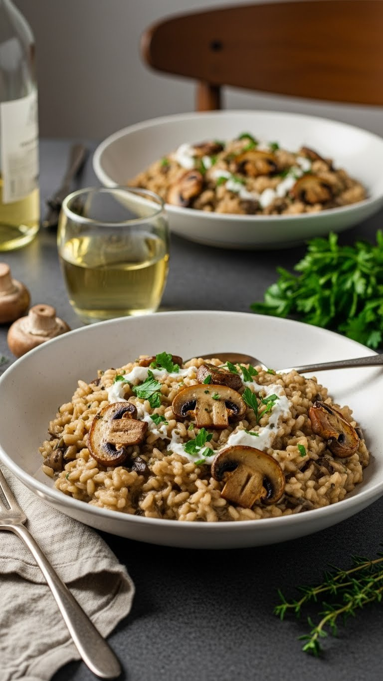 Creamy Vegan Mushroom Risotto With Browned Mushrooms And Fresh Parsley In A Shallow Bowl On A Dark Stone Surface, Lit By Soft Natural Window Light.