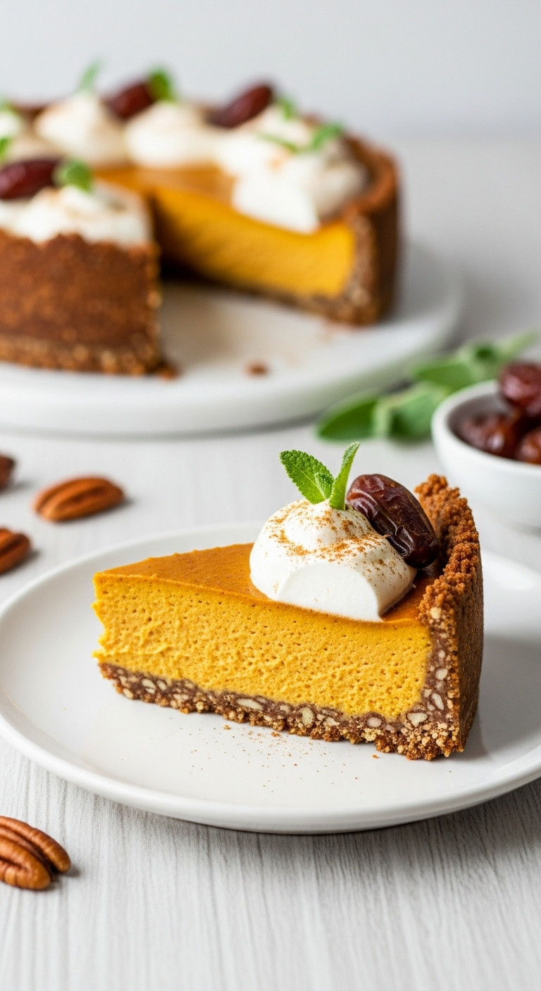 Creamy Vegan Pumpkin Cheesecake Slice With Pecan Date Crust, Smooth Orange Filling, Coconut Whipped Cream, And Cinnamon.