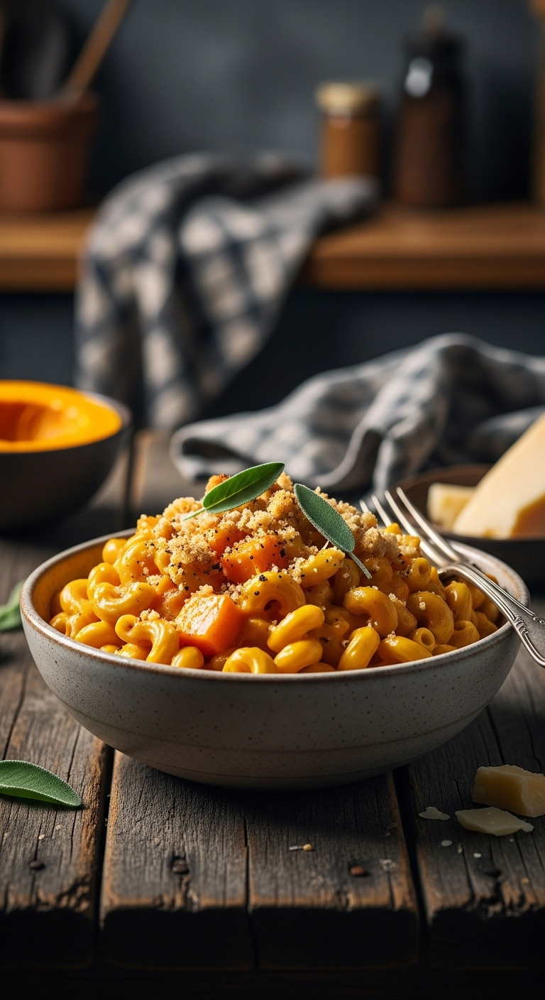Creamy Vibrant Orange Butternut Squash Mac And Cheese With Breadcrumbs And Sage In A Rustic Ceramic Bowl On A Dark Wood Table In Warm Moody Light