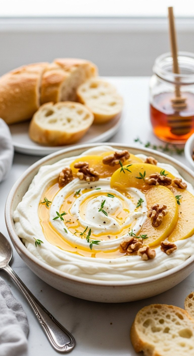 Creamy Whipped Feta Dip With Honey-Glazed Apples, Toasted Walnuts, And Fresh Thyme, With Crusty Bread.