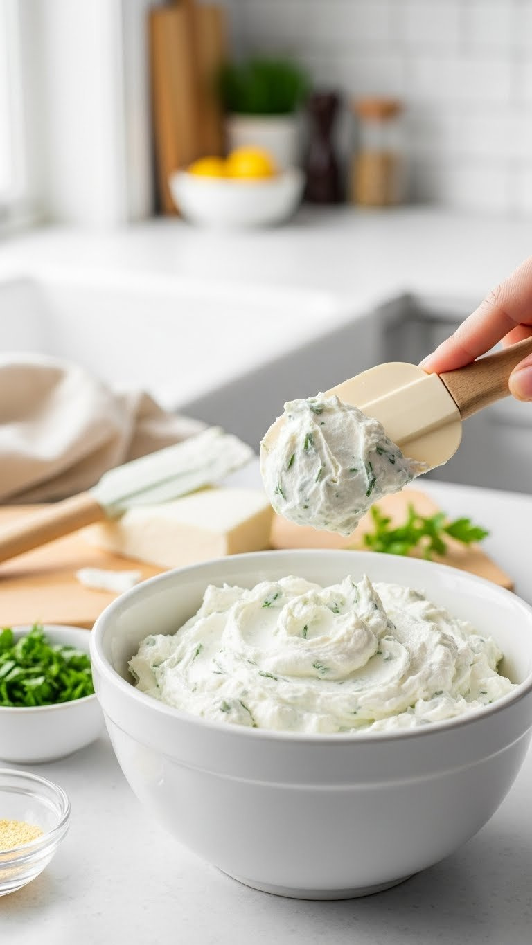 Creamy White Cheese Mixture Being Spread In Bowl With Smooth Texture And Fresh Herbs Visible