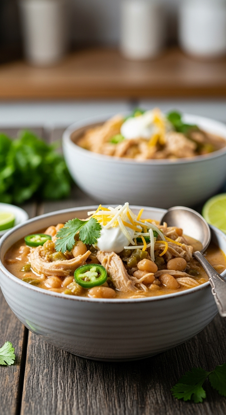 Creamy White Chicken Chili In A Rustic White Bowl With Shredded Chicken White Beans Cilantro Sour Cream And Monterey Jack Cheese On Wood