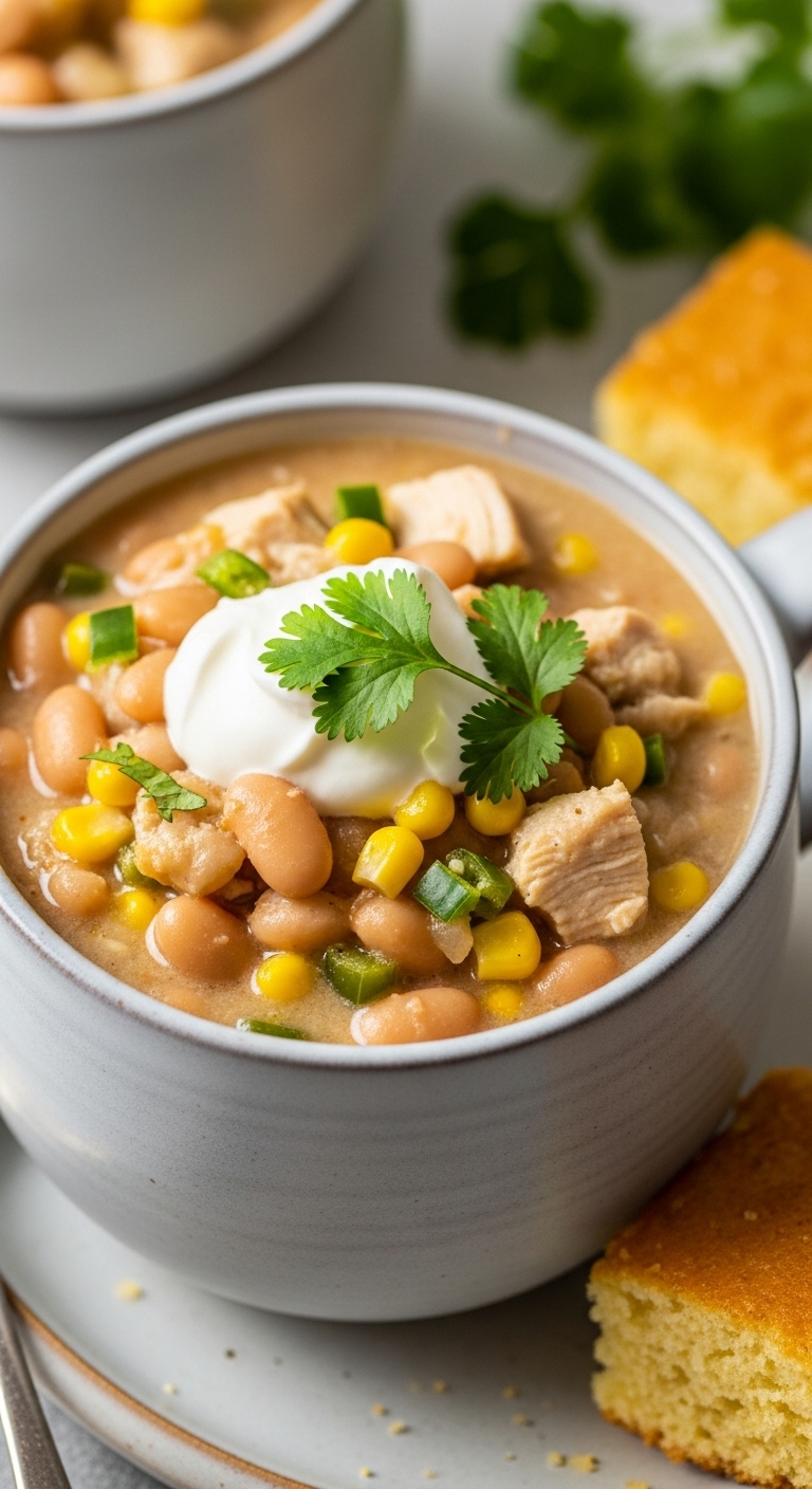 Creamy White Chicken Chili In A Stoneware Mug With Sour Cream, Cilantro, And Cornbread
