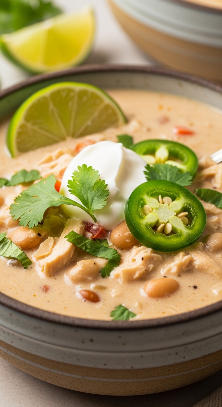 Creamy White Chicken Chili In Rustic Bowl With Sour Cream Cilantro And Jalapeño