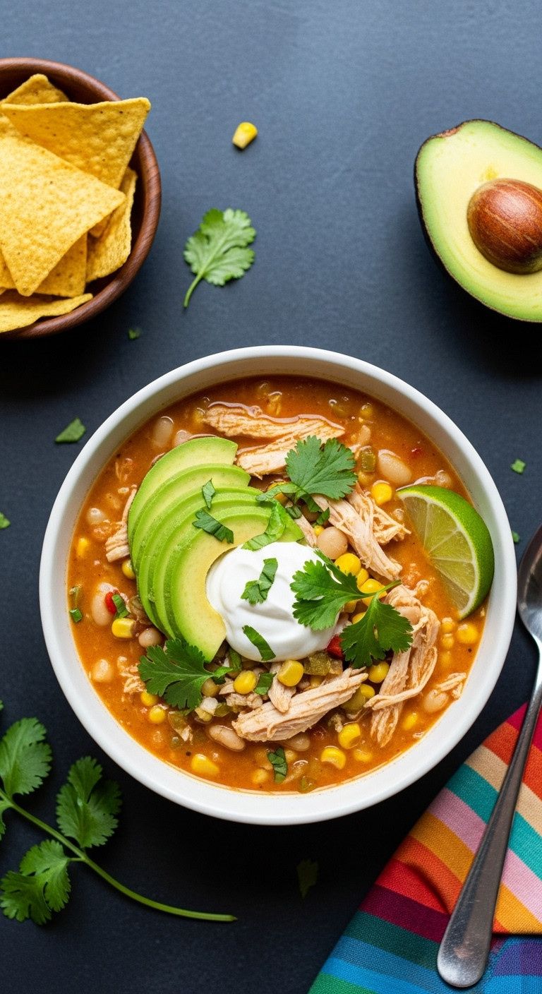 Creamy White Chicken Chili With Avocado Cilantro Sour Cream And Lime On A Dark Slate Surface With Tortilla Chips And Napkin