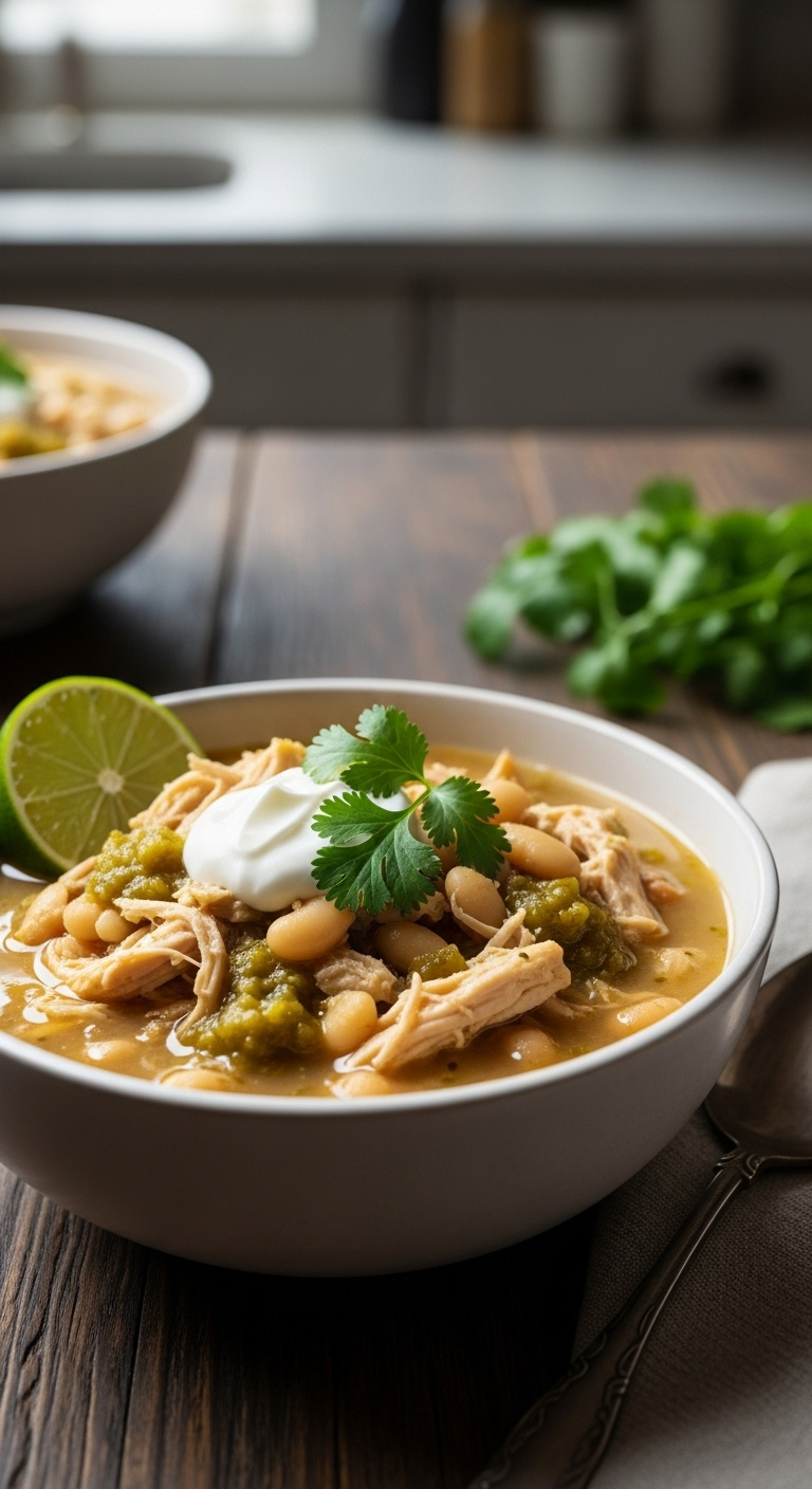 Creamy White Chicken Chili With Shredded Chicken, White Beans, Cilantro, Greek Yogurt, And A Lime Wedge In A Ceramic Bowl.