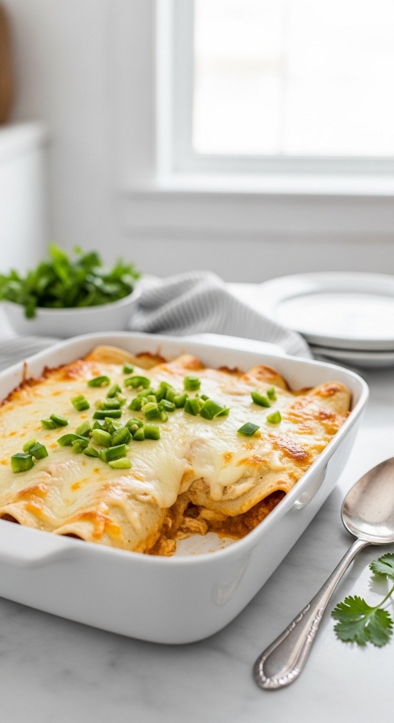 Creamy White Chicken Enchiladas With Melted Monterey Jack Cheese And Green Chiles In An Elegant White Baking Dish.