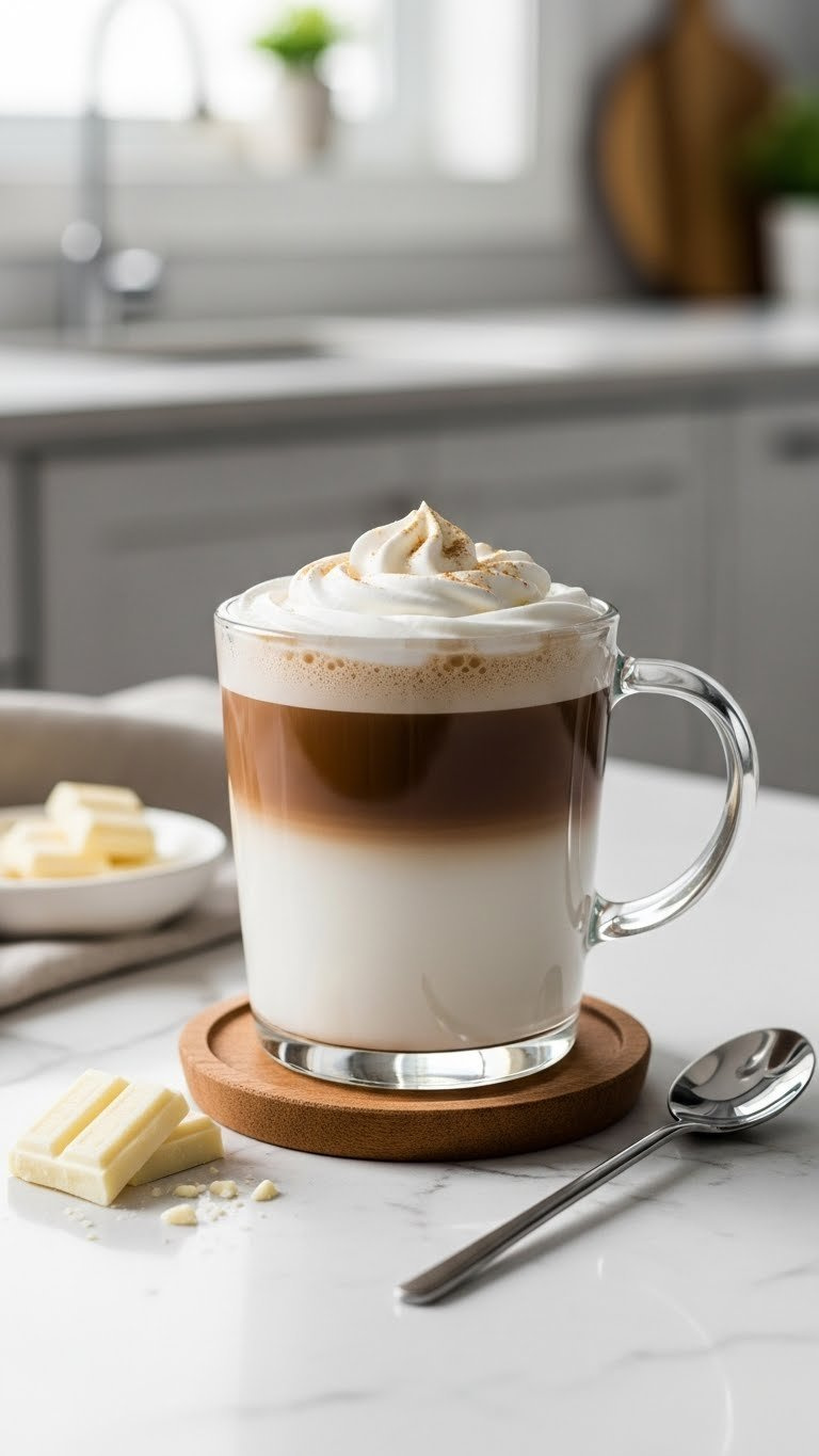Creamy White Chocolate Mocha In Glass Mug With Espresso Layers And Whipped Cream Swirl On Light Wooden Coaster