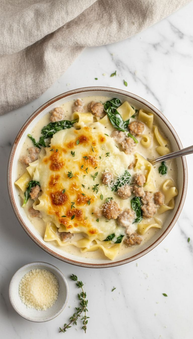 Creamy White Lasagna Soup With Chicken, Spinach, Melted Mozzarella And Parmesan On A Marble Counter, Bright Light.