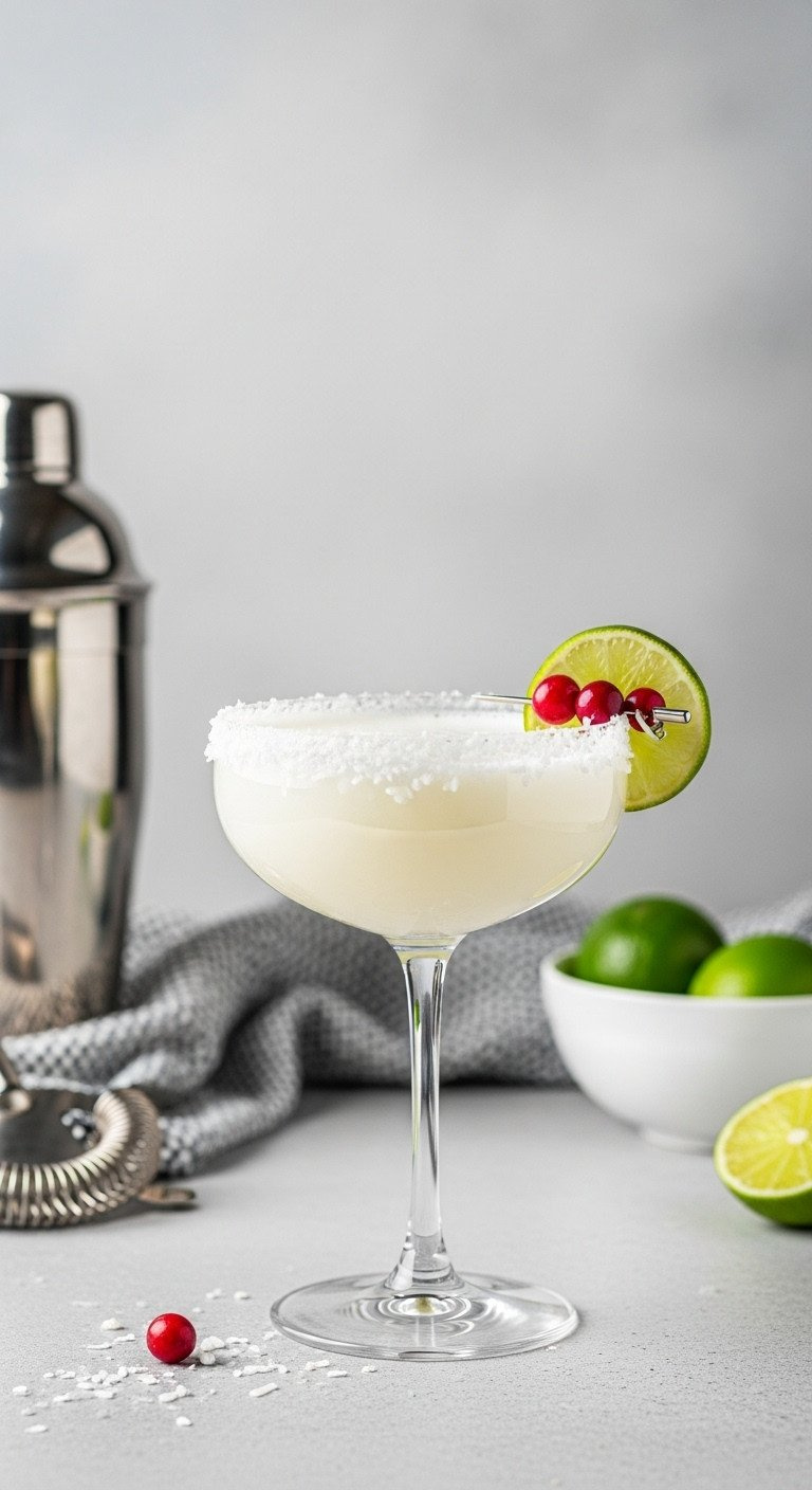 Creamy White Margarita In A Coupe Glass With Coconut Rim, Cranberries, And Lime Wheel On Gray Stone, Modern Festive Cocktail.