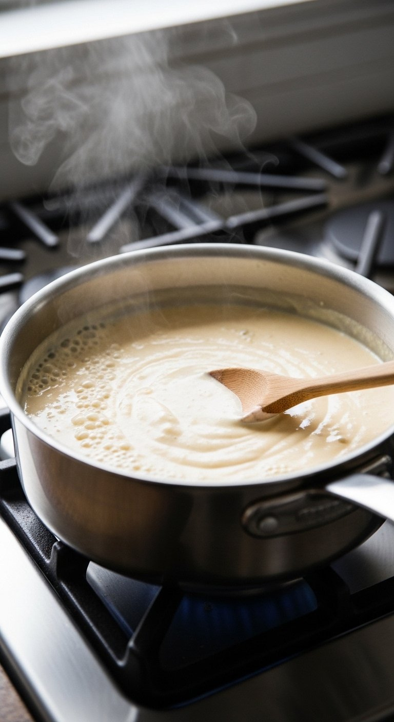 Creamy White Queso Sauce Simmers In A Stainless Steel Saucepan On A Stove.