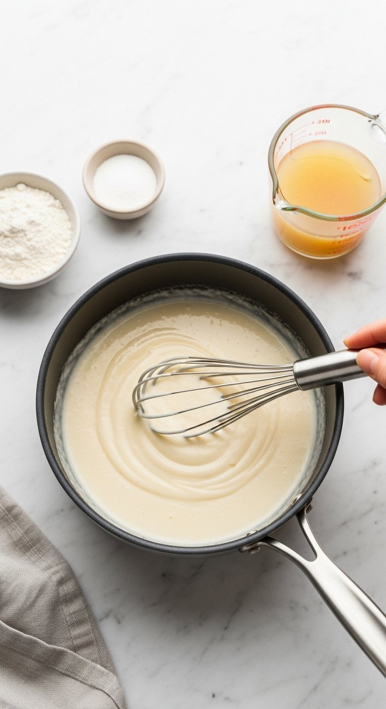 Creamy White Sauce Being Whisked In A Saucepan With Flour And Chicken Broth On A Marble Countertop.