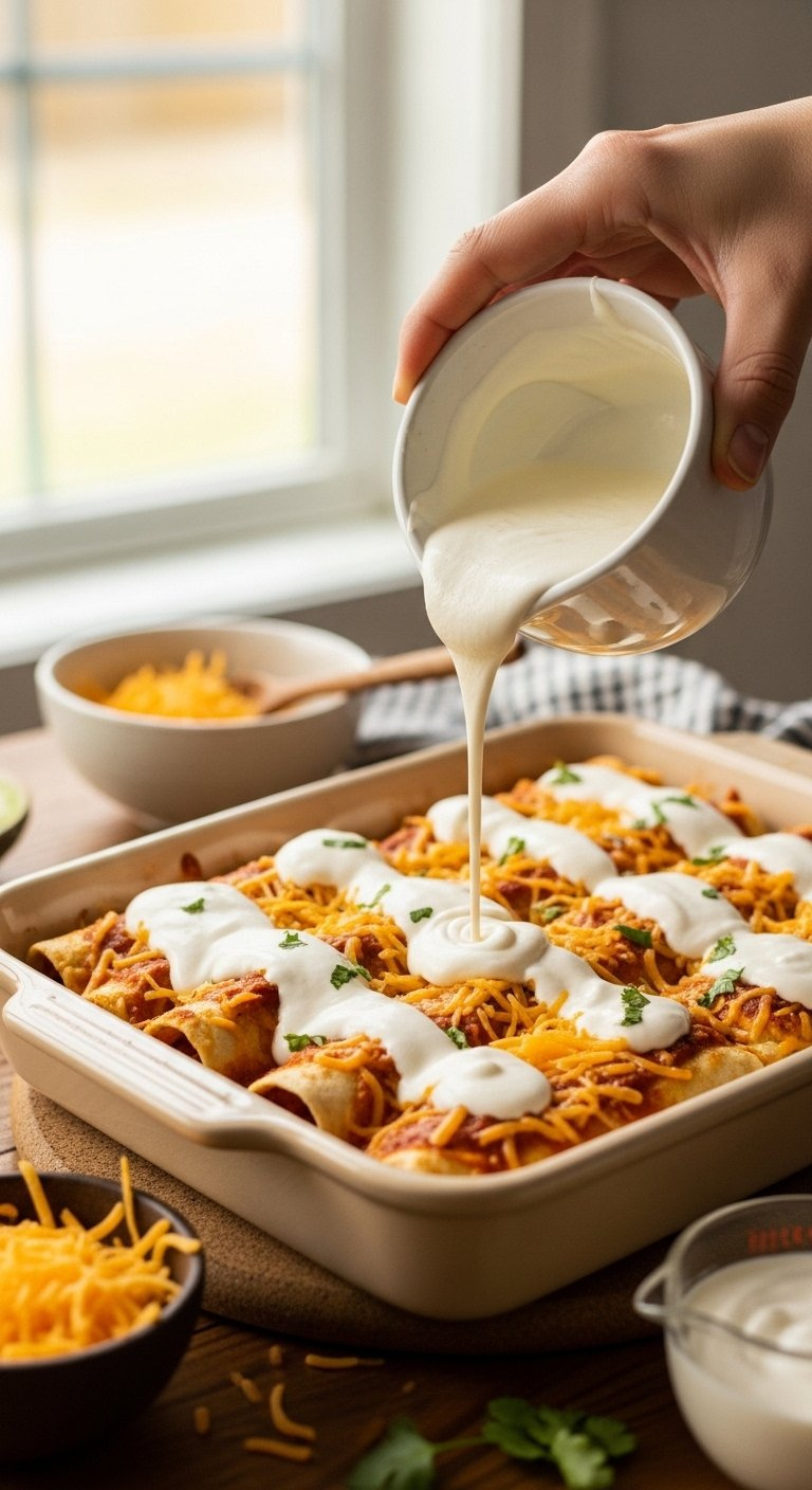 Creamy White Sauce Poured Over Chicken Enchiladas Topped With Shredded Cheese And Cilantro.